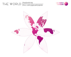 Abstract world map. The U.S.-centric Gingery world projection of the world. Red Purple colored polygons. Elegant vector illustration.