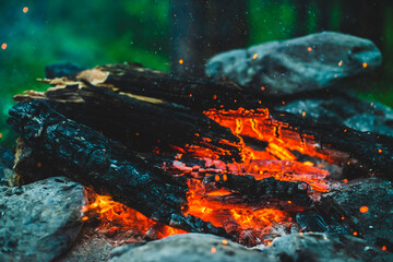 Vivid smoldered firewoods burned in fire closeup. Atmospheric background with orange flame of...