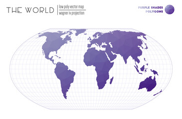 Abstract geometric world map. Wagner IV projection of the world. Purple shades colored polygons. Amazing vector illustration.