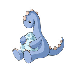 Cute cartoon dinosaur sitting and hugging an egg. Waiting for a baby. Gentle turquoise and purple pastel colors. Vector illustration. Isolated object on white background for kids products.
