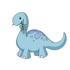 Cute cartoon dinosaur with spots on his back eating a leaf. Gentle turquoise and purple pastel colors. Vector illustration. Isolated object on white background. Decor element for kids products.