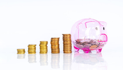 Piggybank and money with saving concept.