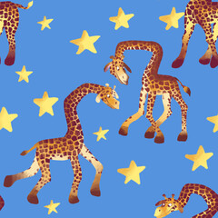 Savanna childish pattern with cute giraffe and hand drawn stars. Creative kids texture for fabric, wrapping, textile, wallpaper, apparel. Hand drawn illustration