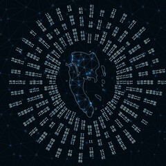 Ko Lanta digital map. Binary rays radiating around glowing island. Internet connections and data exchange design. Vector illutration.