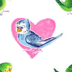 Childish pattern with cute little parrots and hand drawn stars. Creative kids texture for fabric, wrapping, textile, wallpaper, apparel. Hand drawn illustration