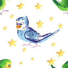 Childish pattern with cute little parrots and hand drawn stars. Creative kids texture for fabric, wrapping, textile, wallpaper, apparel. Hand drawn illustration