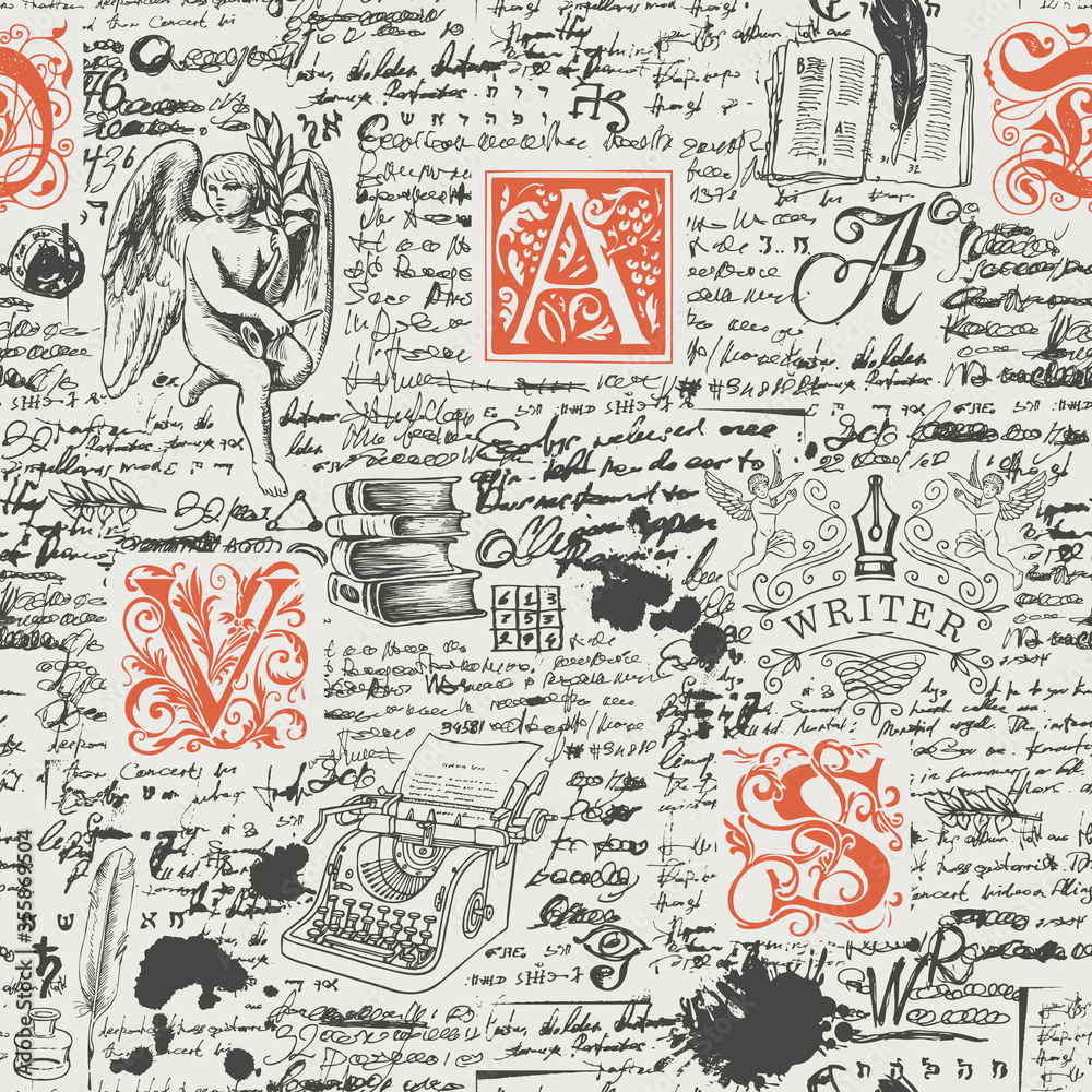 Poster vector seamless pattern on a writers theme. abstract background with unreadable handwritten notes an