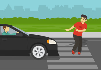 Young man about to be hit by car on crosswalk. Dangerous situation on zebra. Flat vector illustration. © flatvectors