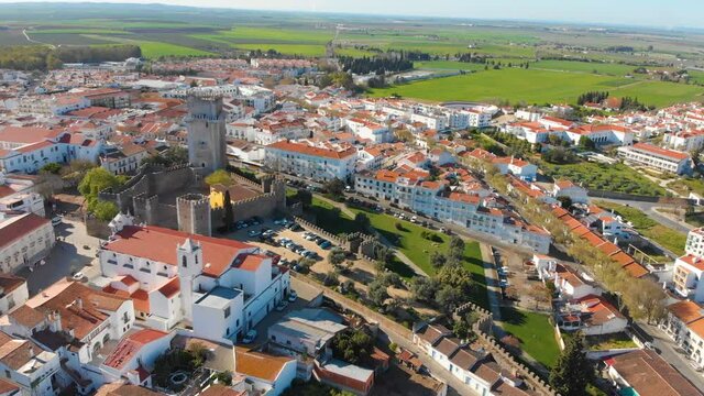4k Aerial drone view of Beja town, medieval small town of Portugal.
