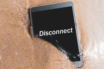 Disconnect words on smart phone at tropical sand beach texture background.