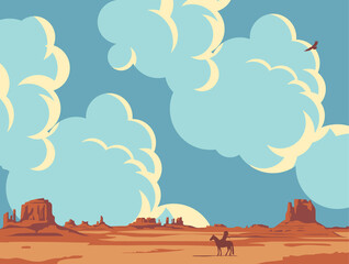 Hot prairies and the silhouette of an Indian on a horse. Vector landscape with a lone rider in the desert on the background of cloudy sky. Decorative illustration on the theme of the Wild West.