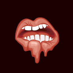 Vector banner with a human mouth that drips drops on a black background. Decorative illustration with an open mouth, white teeth and a turn lip. Wet lips of a woman or man. T-shirt or tattoo design