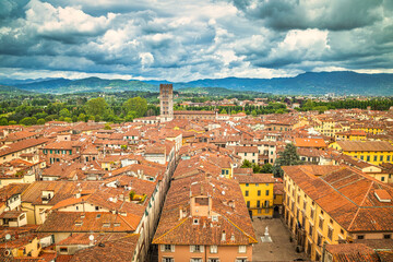 Fototapeta na wymiar Top view on historic centre of Lucca city in Tuscany, Italy, Europe.