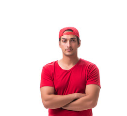 Handsome contractor holding fragile box isolated on white