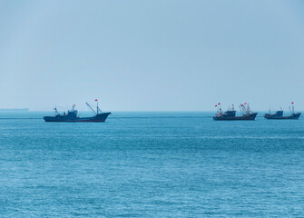 Fishing boats on Fushan Bay Qingdao China