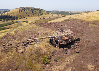 Destroyed  Israeli tank is after the Doomsday (Yom Kippur War) on the Golan Heights in Israel, near...