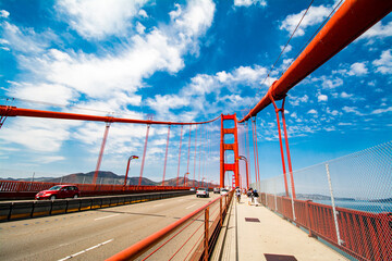 View of Golden Gate Bridge tower from the bridge pedestrian walkway