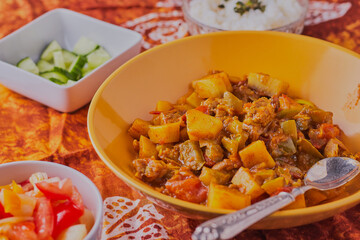 Chicken curry in a large bowl,with some rice in the background and some sliced cucumber.