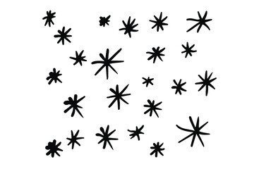 Hand-drawn black and white pattern of stars and snowflakes.