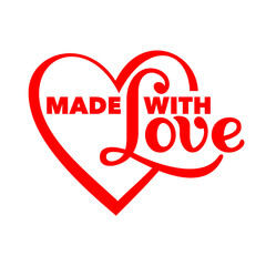 Made with love stamp for home-made or handcrafted products - isolated vector sticker in heart shape