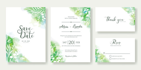 Green Wedding Invitation, save the date, thank you, rsvp card Design template.