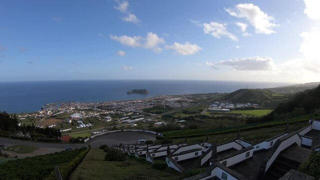 Panorama view over town of Vila Franca Do Campo, Sao Miguel, Azores, Portugal, from a hill above town where Our Lady of Peace Chapel (Ermida de Nossa Senhora da Paz) is located