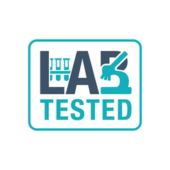 Lab tested sign - laboratory equipment (testing flasks and microscope) intergated in word - B letter science logo - isolated vector stamp for clinically proven food and pharmacy products