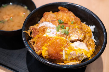 Katsudon (Pork/Chicken cutlet rice bowl with egg) is a popular Japanese food. The name “Katsu” also means win in Japanese, thus Japanese eats Katsudon to hope for success