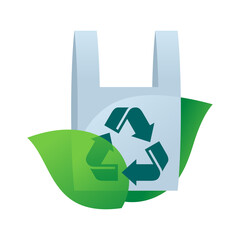 Biodegradable plastic bag - eco friendly sticker with green leaves and pack - isolated ecology protection vector element