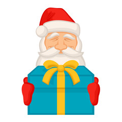 Funny smiling Santa Claus with gift box - New Year or Christmas decoration on white isolated background