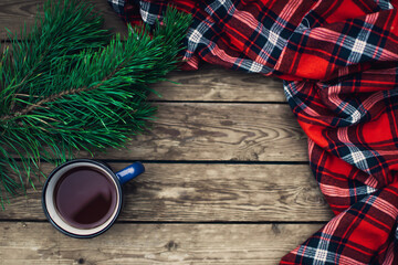 Flat lay winter cozy Christmas vintage background with. The cup of tea or coffee. Christmas atmosphere.