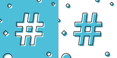 Black Hashtag icon isolated on blue and white background. Social media symbol. Modern UI website navigation. Random dynamic shapes. Vector Illustration