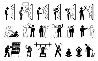 Self help metaphor in stick figure pictogram icons. Vector illustration concept of a person helping himself by reading self help book. The person in the mirror reflection come out and give confident.