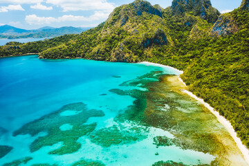 Cadlao lagoon, El Nido, Palawan Island, Philippine. Aerial drone view of a tropical island...