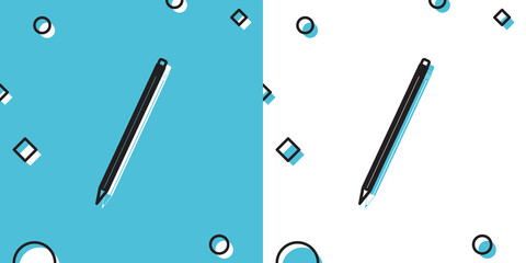 Black Pencil with eraser icon isolated on blue and white background. Education sign. Drawing and educational tools. School office symbol. Random dynamic shapes. Vector Illustration