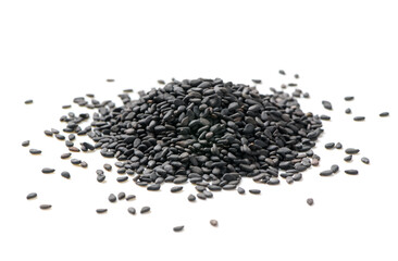 Black sesame seeds isolated on white background.