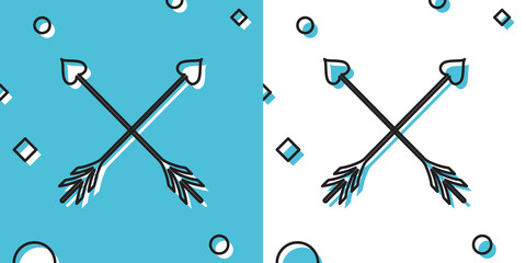 Black Crossed Cupid arrow heart, Valentines Day cards element icon isolated on blue and white background. Random dynamic shapes. Vector Illustration