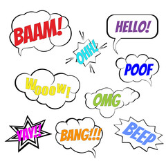 Jpeg comic book explosion elements collection. Comic wording sound effect, set speech bubbles design for comic background, comic strip