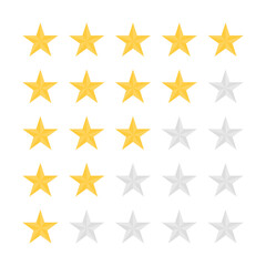 Feedback, customer satisfaction and review concept. Five star rating. Golden and grey stars, rating scale for survey, mark quality, customer feedback and satisfaction
