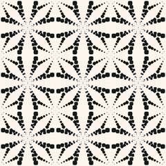 Vector geometric dotted seamless pattern. Simple minimal black and white texture with halftone dots, crosses, floral silhouettes, stars, grid. Abstract monochrome background. Modern repeated design