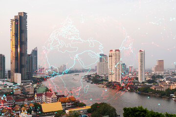 World planet Earth map hologram over panorama city view of Bangkok, Asia. The concept of international connections and business. Multi Exposure.