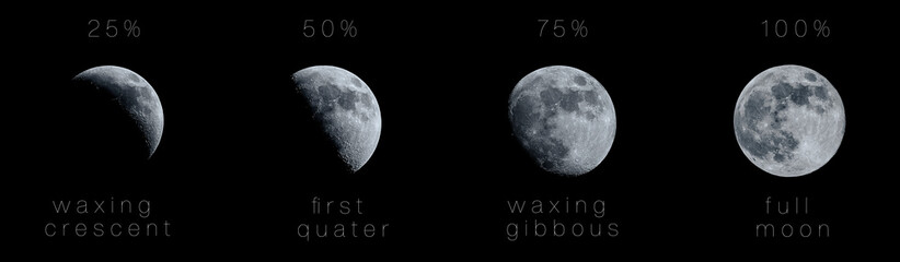 Moon phases panorama from first quarter to full moon