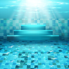 Swimming pool with blue water, ripples and highlights. Texture of water surface and tiled bottom. Overhead view. Summer background.
