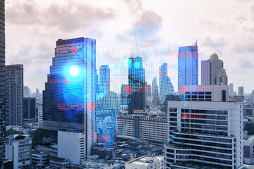 World planet Earth map hologram over panorama city view of Bangkok, Asia. The concept of international connections and business. Multi Exposure.