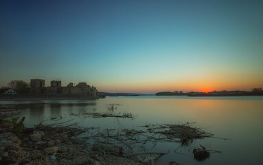 Sunset landscape with a medieval fortress on the river Danube in Smederevo