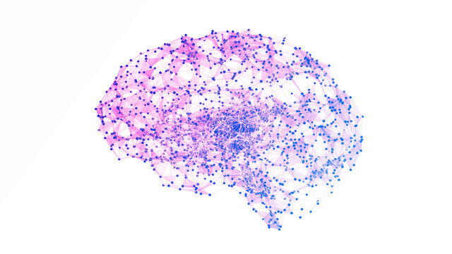 Abstract geometric brain with network connections. 3D render illustration isolated on white background. artificial intelligence concept