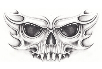 Art Surreal Mask Skull Tattoo. Hand drawing on paper.