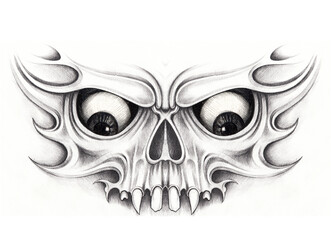 Art Surreal Mask Skull Tattoo. Hand drawing on paper.