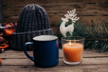 Flat lay winter cozy Christmas vintage background with. The cup of tea or coffee. Christmas atmosphere.