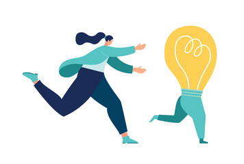 Fototapeta premium Vector illustration, running away idea, unattainable thought, search for new solutions, man catches up with a light bulb